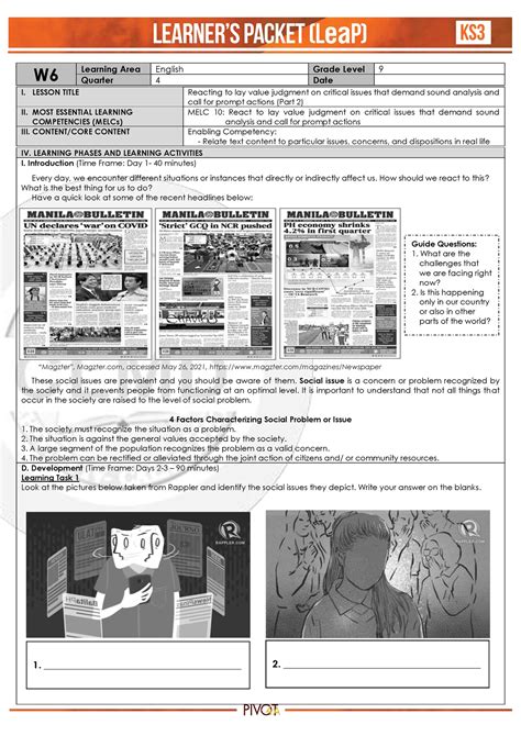 Q4 English 9 Week6 W 6 Learning Area English Grade Level 9 Quarter 4 Date I Lesson Title