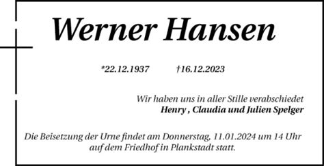 Traueranzeigen Von Werner Hansen Trauerportal Ihrer Tageszeitung