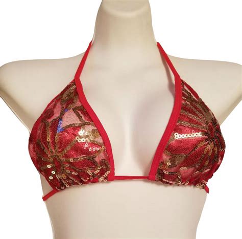 Red Embellished Sheer Bikini Top Edc Festival Wear Clothing Optional R Sheer Swim