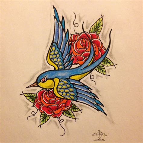 Traditional Swallow Roses Tattoo Sketch By Ranz Rose Tattoos Bird Art Tattoo Sketches