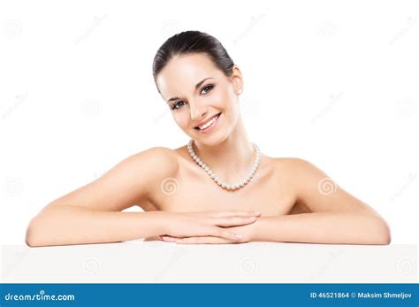 Portrait Of A Happy Naked Woman With A Necklace On White Stock Photo