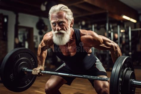 An Older Man Demonstrates Strength and Dedication As he Lifts a Barbell ...