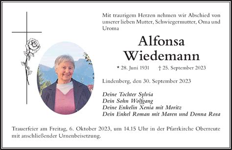 Traueranzeigen von Alfonsa Wiedemann Allgäuer Zeitung