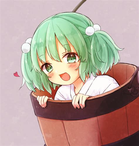 Safebooru 1girl D Blush Bucket Green Eyes Green Hair Hair Bobbles Hair Ornament Heart Honotai