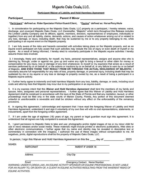 Participant Waiver Of Liability And Hold Harmless Agreement Form