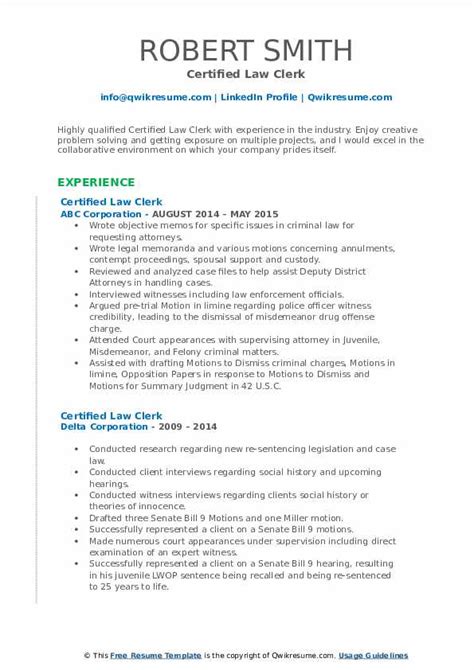 Certified Law Clerk Resume Samples Qwikresume