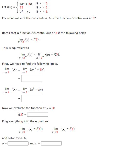 Solved Let F X ⎩⎨⎧ax2 5x25x3−bx If X 3 For