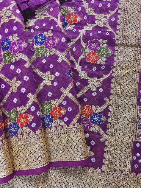 Purple Color Bandhej Saree Banarasi Semi Dupion Silk With Work Muted