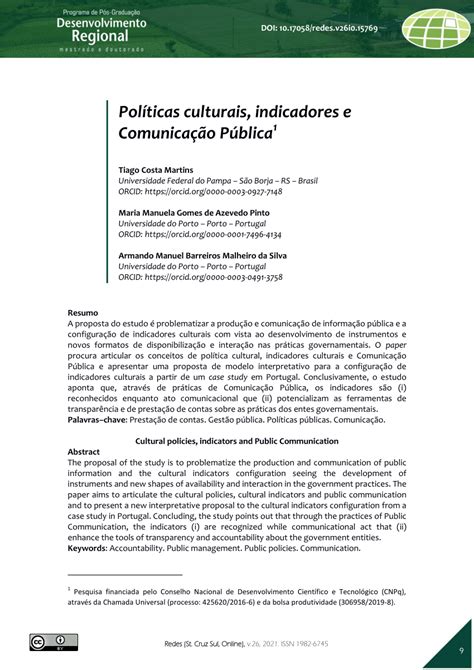 Pdf Pol Ticas Culturais Indicadores E Comunica O P Blica