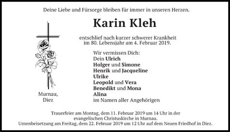 Traueranzeigen Von Karin Kleh Rz Trauer De