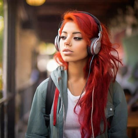 A Woman With Red Hair Wearing Headphones And A Jacket With A Hood