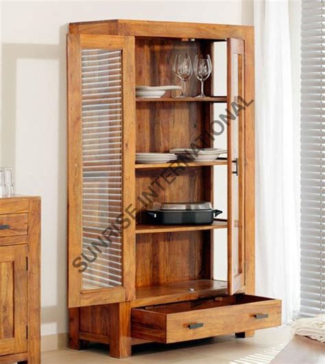 Solid Sheesham Wood Display Glass Door Bookshelf Crockery Cabinet