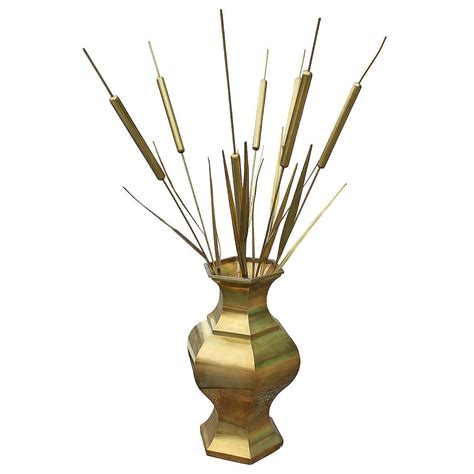 Large Decorative Brass Vase With Brass Cattails At 1stdibs