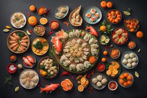 Premium Photo A Table Set With Symbolic Lunar New Year Foods Like