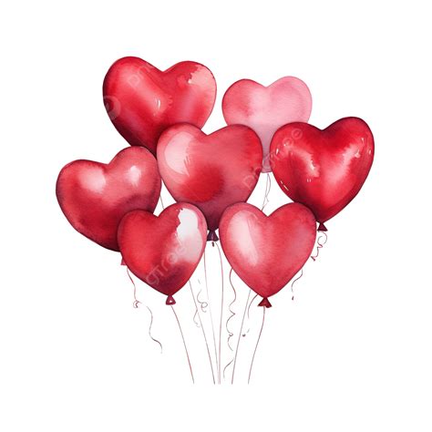 Watercolor Red Heart Shaped Group Of Balloons Bridal Dating Date Png