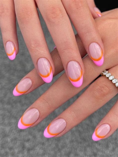 Pink French Tip Nails With Orange Line Accent Pink Manicure French Manicure Nails French Tip