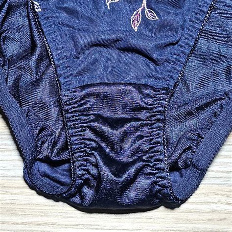 VTG Silky Nylon Panty Sissy Navy Blue String Bikini Pink Floral Brief