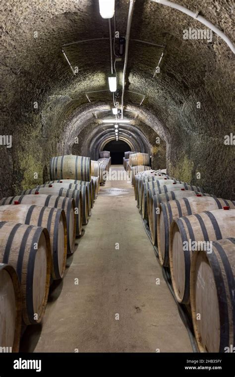 Wine cellars with barrels, traditional wine called Bikaver near Eger ...