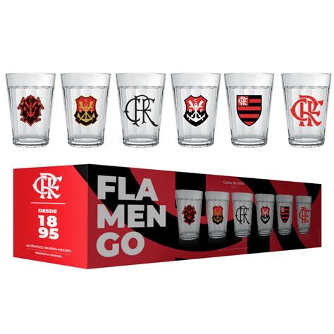 Kit Jogo Conjunto 6 Copos De Vidro Americano Flamengo Licenciado 190ml