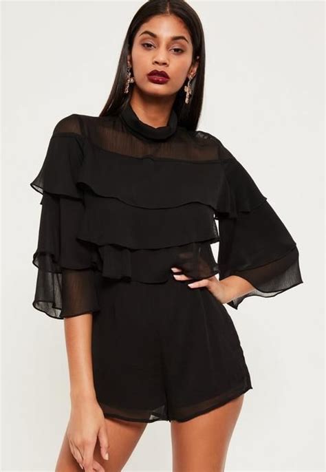 Ruffles Black Playsuit Womens Playsuits Satin Playsuit