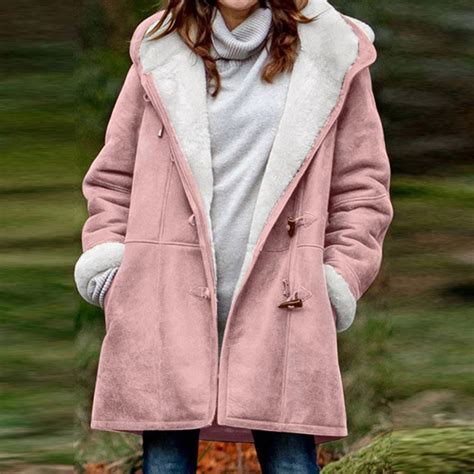 Women Jacket Windproof Plush Hooded Winter Coat With Design Mid Length