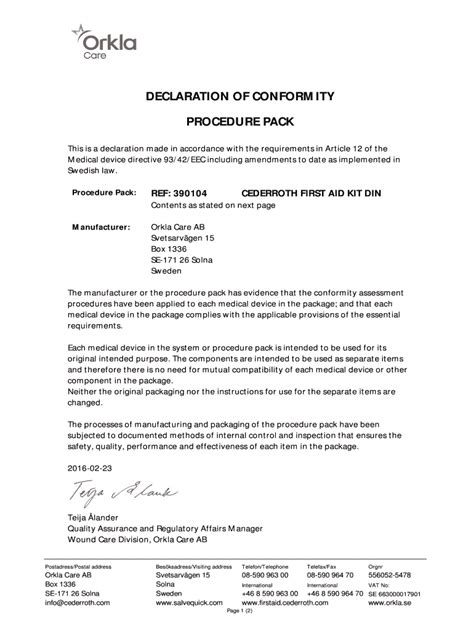 Declaration Of Conformity Templates Medical Devices Fill Out Sign