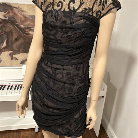 Tadashi Shoji Black Nude Lace Overlay Silk Dress Size Gem