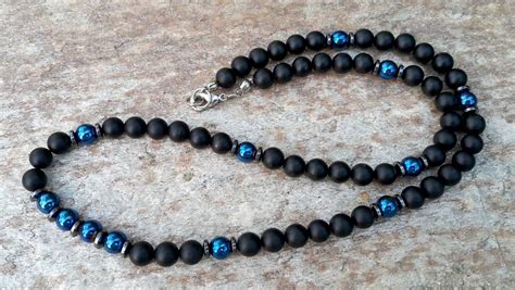 Mens Beaded Necklace Black Onyx Blue Hematite Necklace Etsy UK