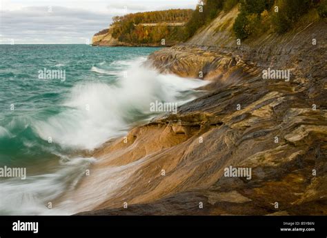 Waves Of Lake Superior Crashing On Rocks Of Pictured Rocks National Lakeshore Michigan Stock