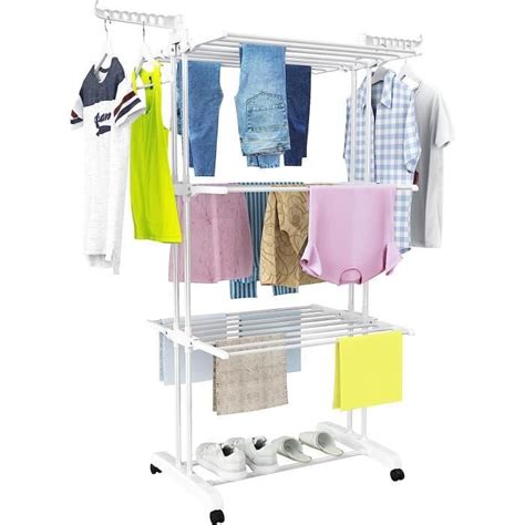 4 Niveaux Grande Sechoir A Linge Pliable Avec Roues Acier Inoxydable