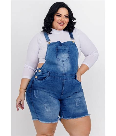 Jardineira Jeans Feminina Plus Size Lycra Cintura Alta Clara Plus