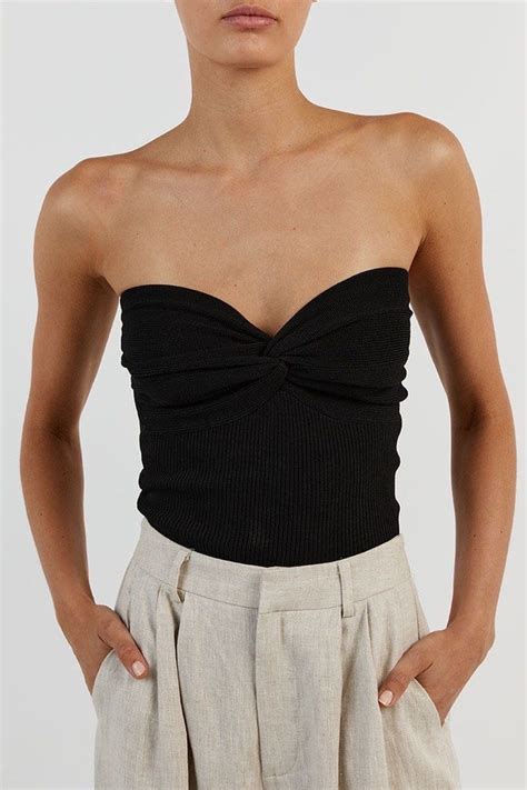 Dissh Anika Twist Crop Front Top Tube Cream Black Womens Fashion