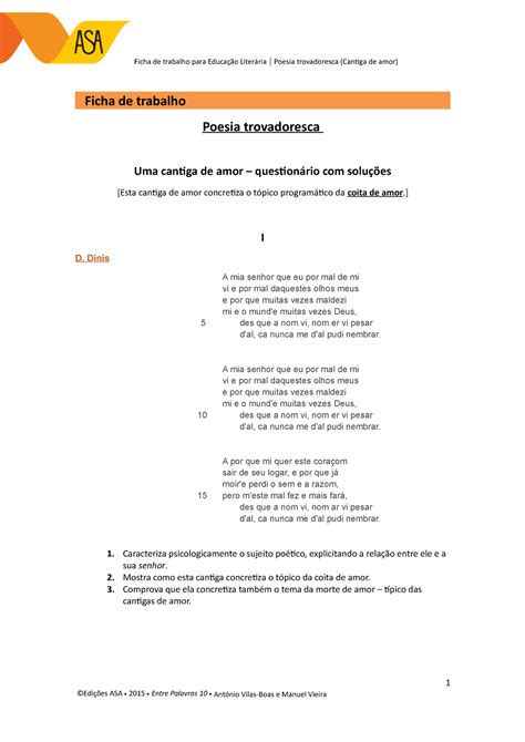 Ficha De Trabalho Poesia Trovadoresca 1 Cantiga De Amor Ficha De