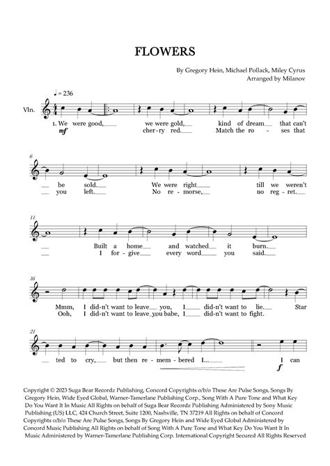 Flowers Arr Milanov By Miley Cyrus Sheet Music For Violin Solo At Sheet Music Direct