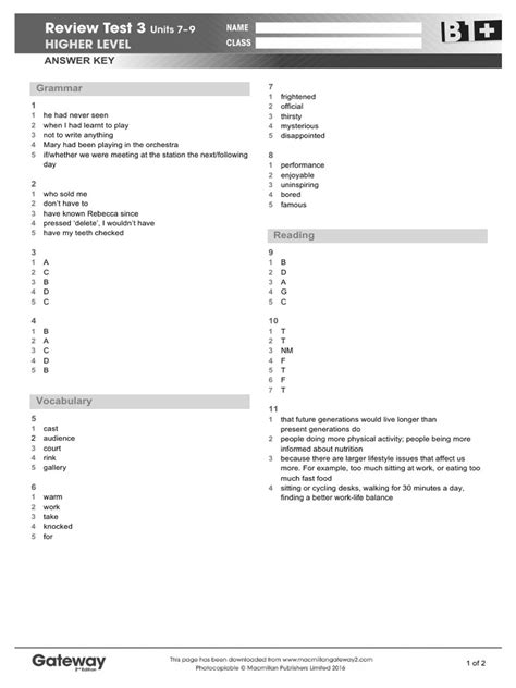 Gateway B1+ Review Test 3 Higher Key PDF | PDF | Cognitive Science ...