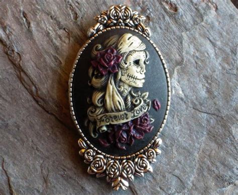 Sugar Skull Cameo Brooch Halloween Brooch Day Of The Dead Brooch