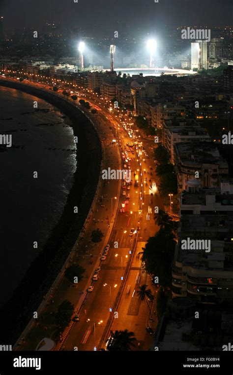 An aerial view of the Marine Drive and Wankhede stadium at night , Bombay now Mumbai ...