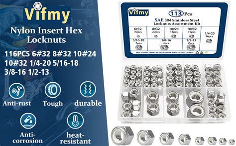 Vifmy 113PCS Locknuts Assortment Kit 6 32 8 32 10 24 10 32 1 4 20 5 16