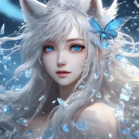 Anime White Wolf Girl With Blue Eyes