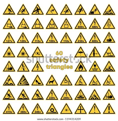 Set Sixty Yellow Safety Triangles Different Stock Vector Royalty Free