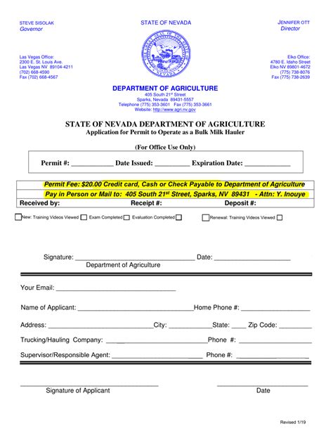 Nevada Application For Permit To Operate As A Bulk Milk Hauler Fill