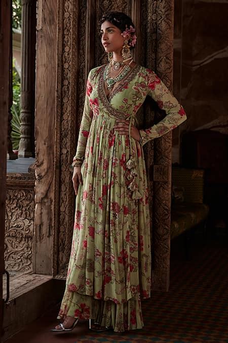 Buy Green Viscose Georgette Printed Floral Pattern V Mysa Angarkha And