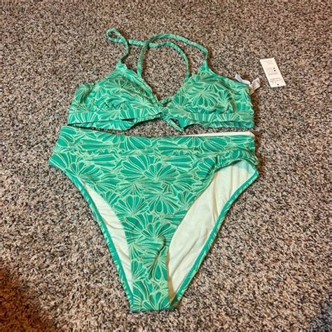 CUPSHE High Waisted Bikini Set Green Floral Two Piece Swimsuit Large EBay