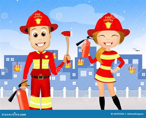 Man And Woman Firefighters Stock Illustration Illustration Of Fireman