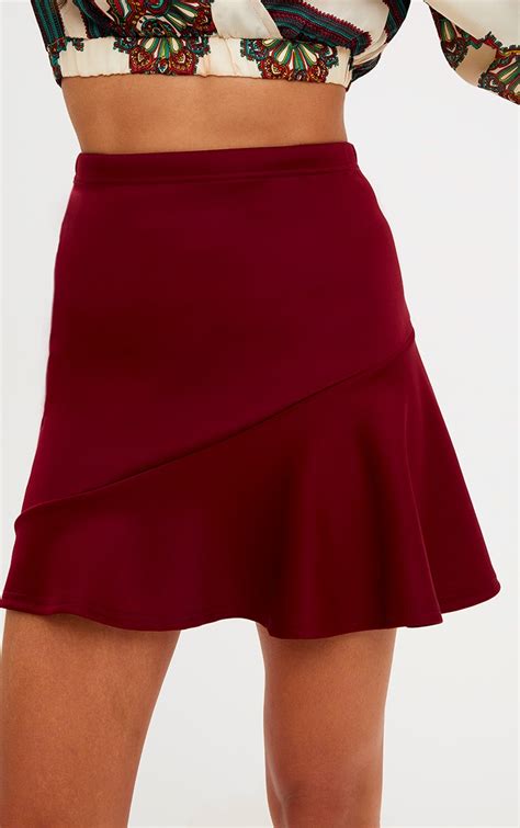 Burgundy Asymetric Frill Hem Mini Skirt Skirts Prettylittlething