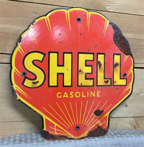 VINTAGE SHELL GASOLINE SERVICE STATION PORCELAIN ADVERTISING SIGN Car