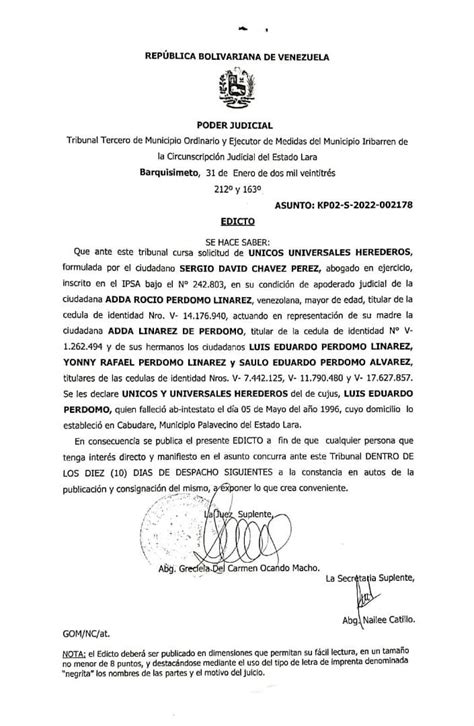 Edicto Se Hace Saber Cursa Solicitud De Unicos Universales Herederos