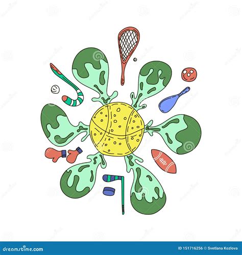 De Vectorillustratie Van Het Sportmateriaal De Punten Van Sportenoefeningen Racket En Knuppel