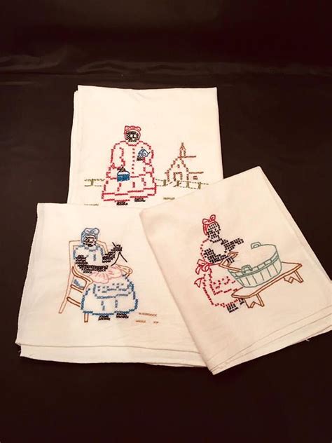 Vintage Flour Sack Kitchen Towels Folk Art Black Americana Vintage