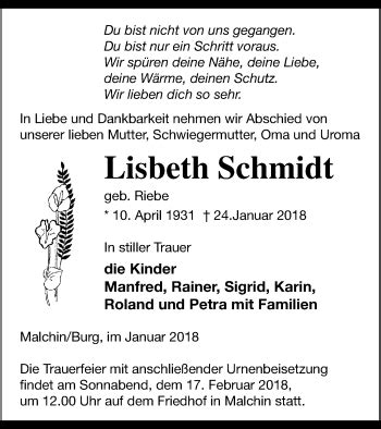 Traueranzeigen Von Lisbeth Schmidt Trauer Nordkurier